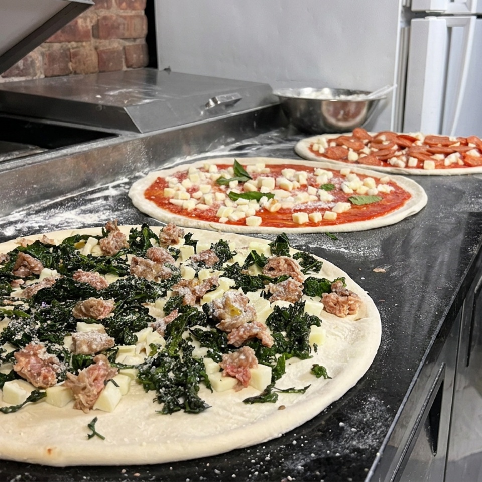 Three uncooked pizzas topped with sausage, leafy greens, cheese, and tomato sauce sit on a floured restaurant preparation counter.