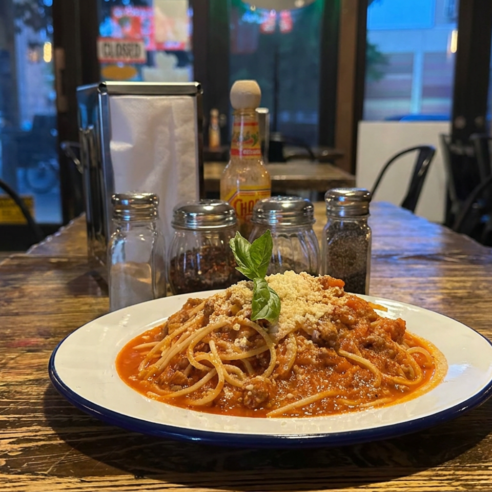 Plate of spaghetti with tomato sauce, grated cheese, and basil on a rustic restaurant table with seasonings.