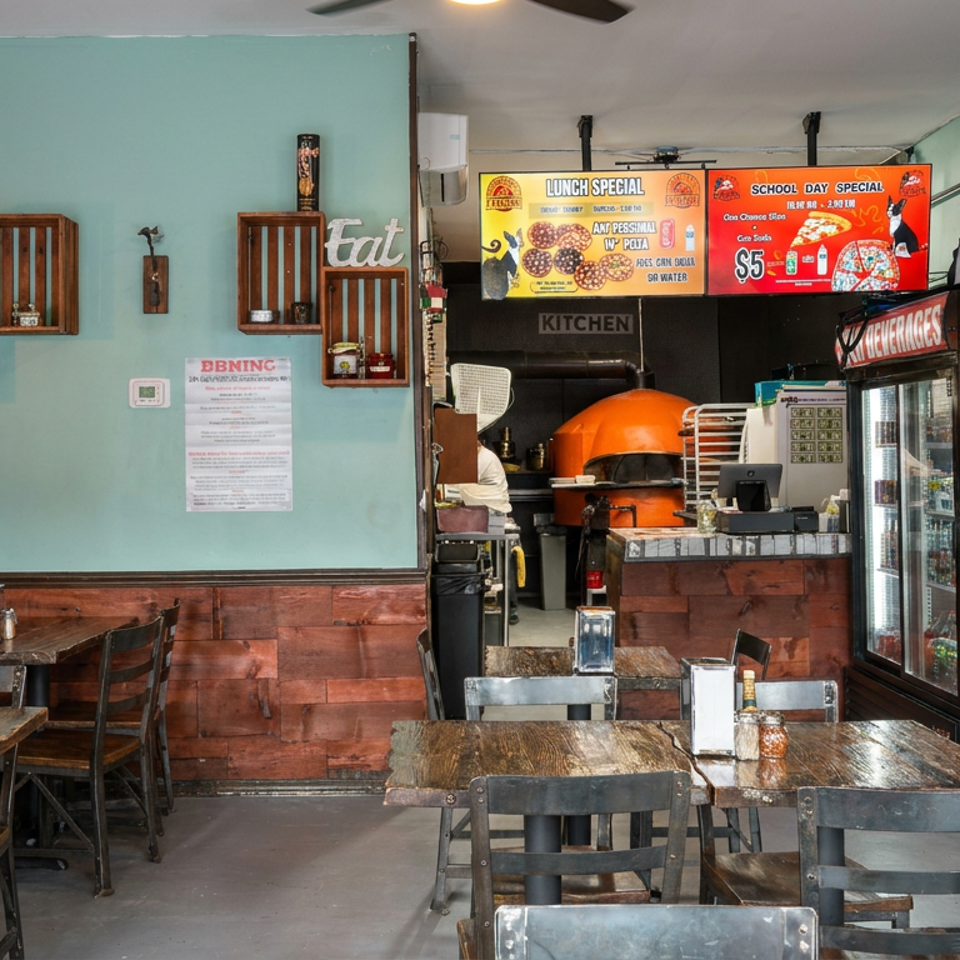 Cozy pizzeria dining room with wooden tables, metal chairs, turquoise walls, exposed brick, and a bright orange pizza oven.