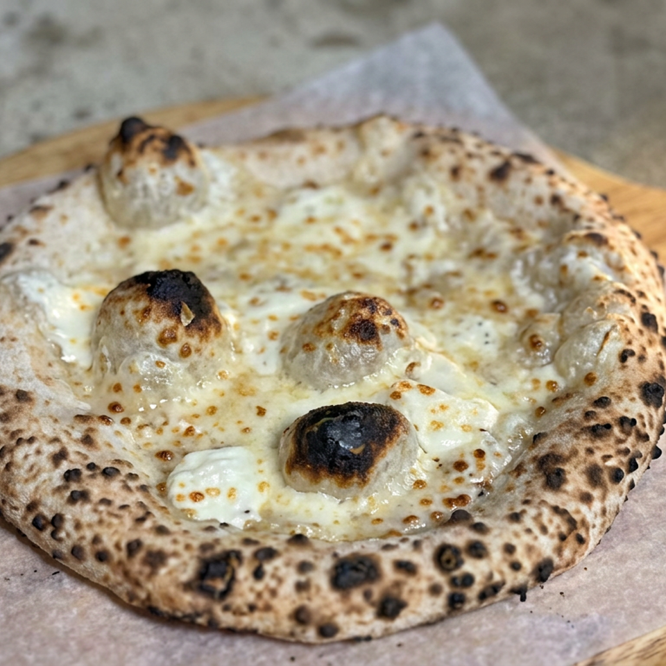Cheesy Neapolitan-style pizza with a blistered crust and browned mozzarella served on parchment atop a wooden board.