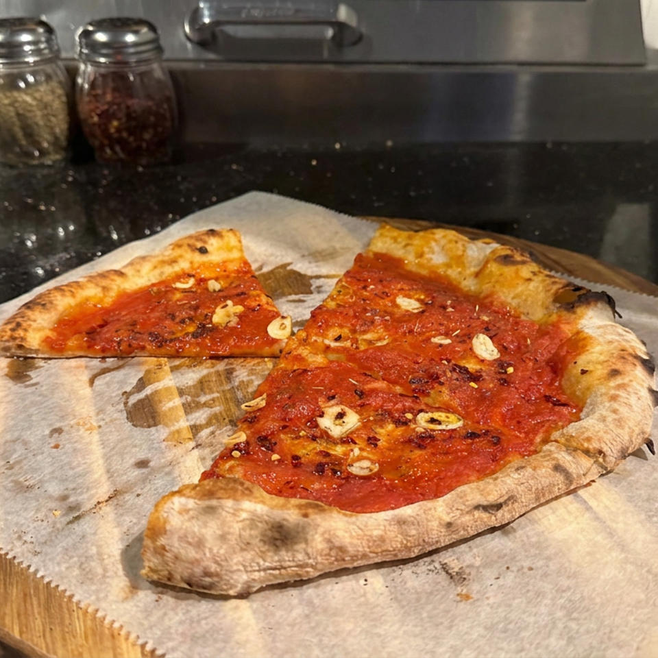Sliced thin-crust pizza topped with tomato sauce, garlic, and herbs on parchment over a wooden board.