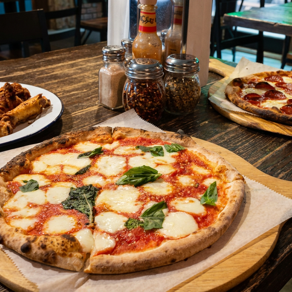 Wooden restaurant table displaying two pizzas, fried chicken wings, condiments, and rustic seating.