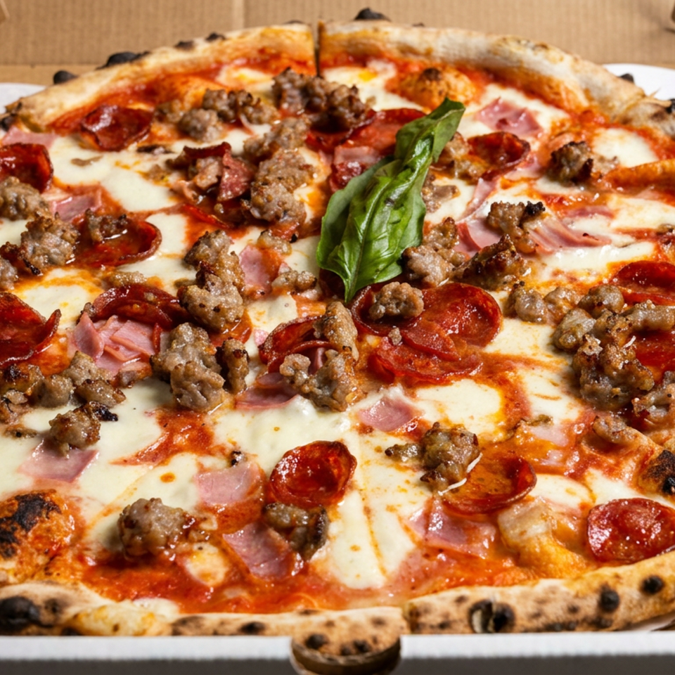 Large wood-fired pizza topped with pepperoni, sausage, ham, melted cheese, tomato sauce, and fresh basil in a cardboard box.