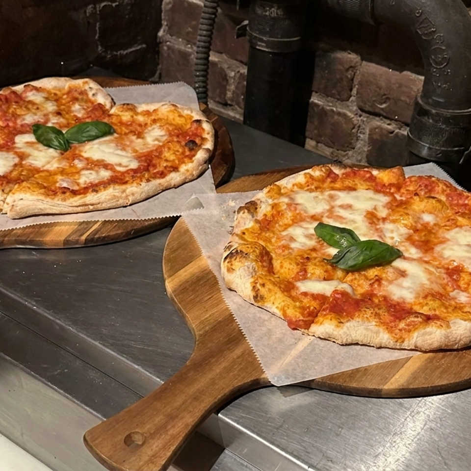 Two Margherita pizzas topped with basil rest on wooden serving peels against a brick wall and industrial kitchen equipment.