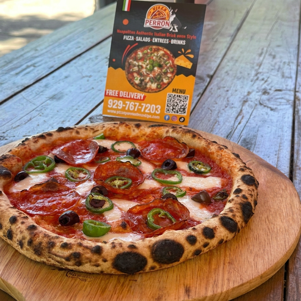 A wood-fired pepperoni pizza with green peppers and olives sits on a wooden board beside a restaurant delivery sign.